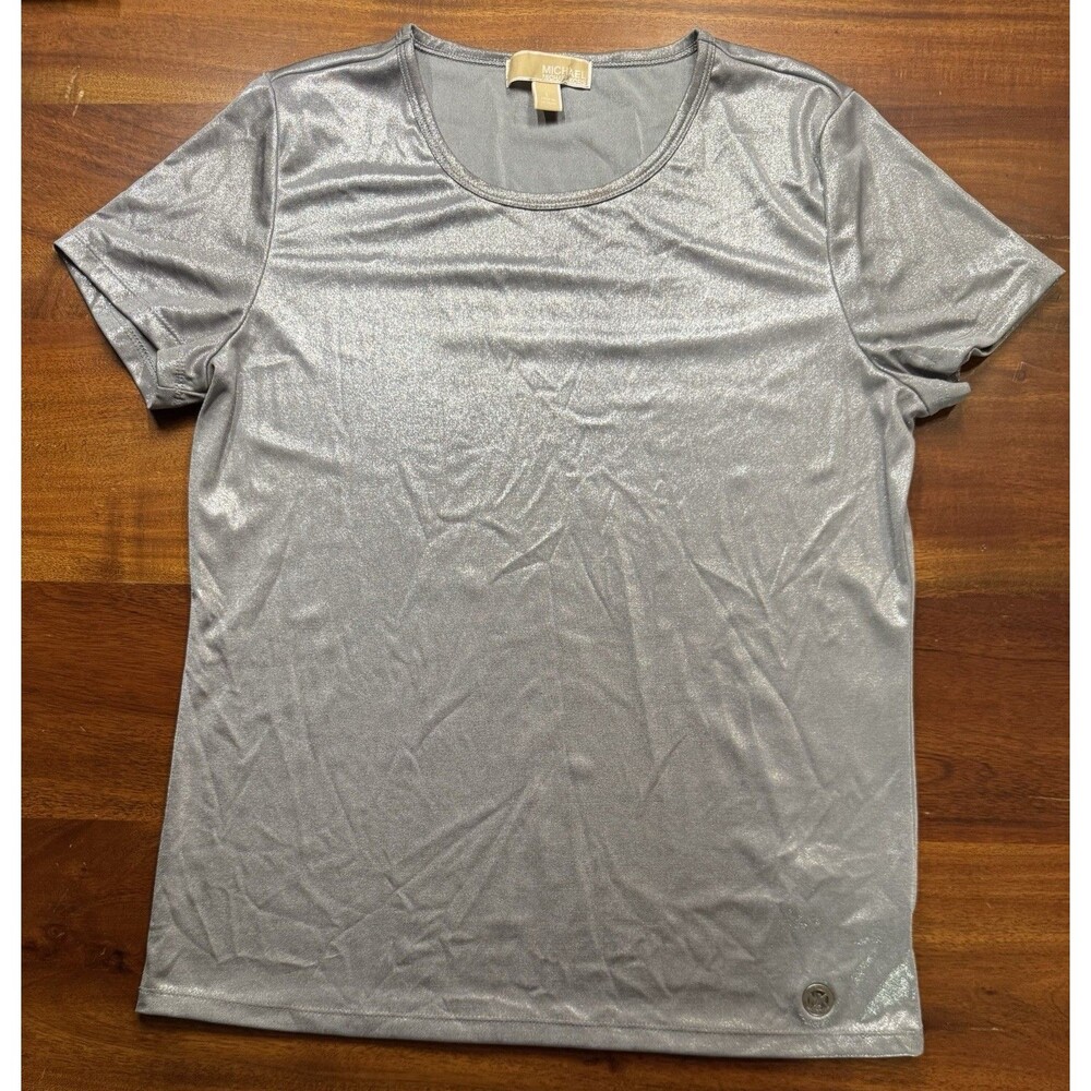 MICHAEL KORS Women's Silver Metallic Foil Short Sleeve T-Shirt Crew Neck Size L